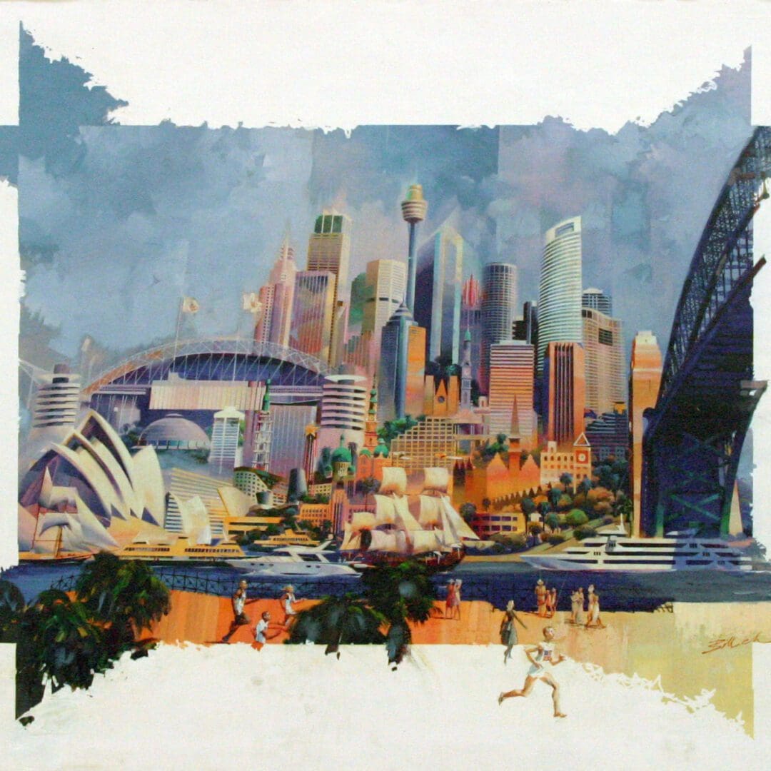 Abstract cityscape with iconic architectural landmarks.
