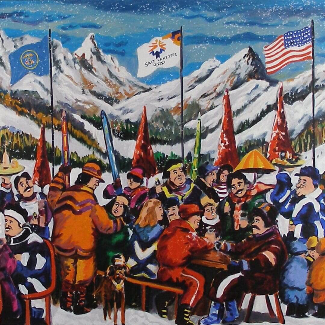 Festive winter gathering with snowy mountains backdrop.