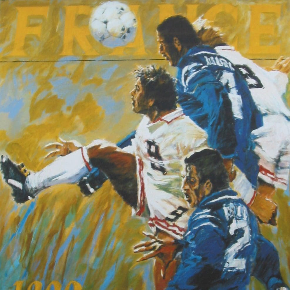 Soccer players mid-air during a match.