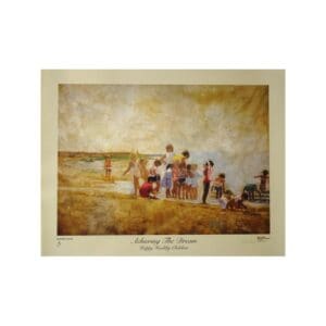 Children and adults gathered on the beach.