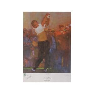 Golfer swinging club in colorful artwork.