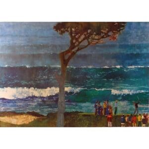 People watching waves by the ocean.
