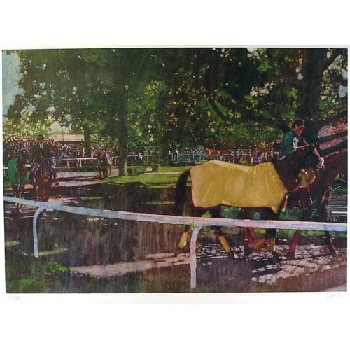 Horse and rider in a sunlit park.