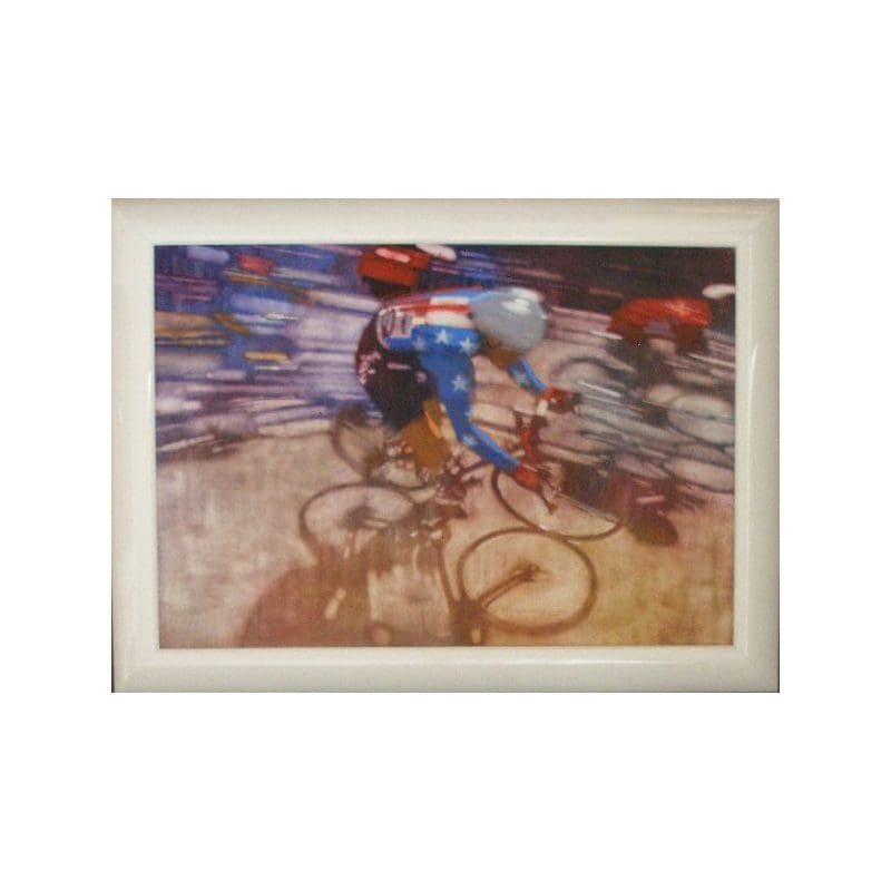 Cyclist in motion, colorful abstract artwork.