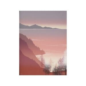 Serene mountain landscape at sunrise, misty trees.