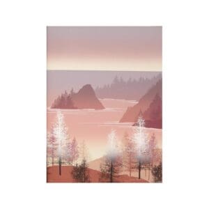 Serene pink landscape with silhouetted trees.