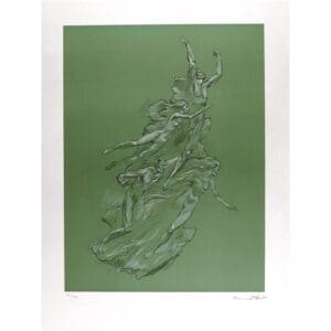 Abstract figures on a green background.
