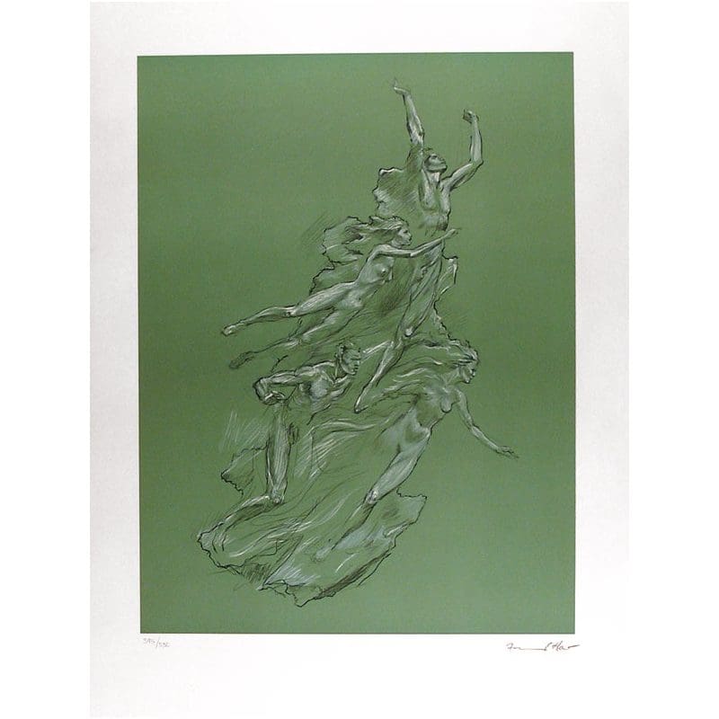 Abstract figures on a green background.