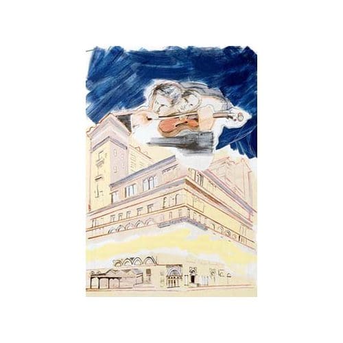 Violinist above building with blue sky.
