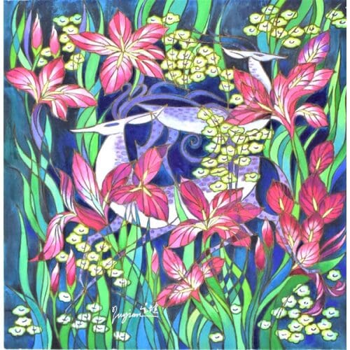 “Spotted deer.” Two deer hiding behind big flowers.