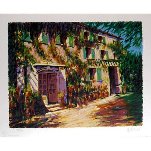 Colorful painting of a sunlit house exterior.