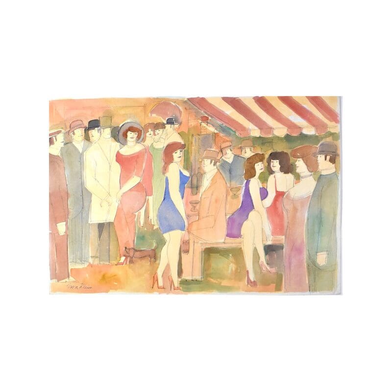 People socializing in a colorful setting.
