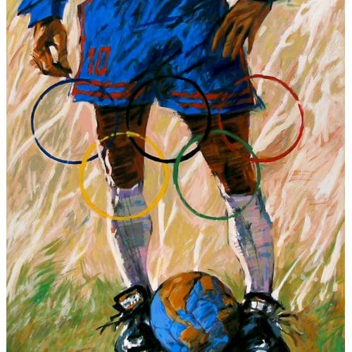 Soccer player with Olympic rings and ball.
