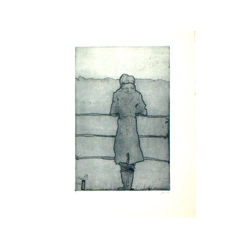 Person in coat leaning on a fence.