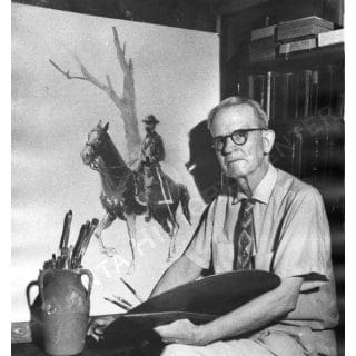 Artist painting cowboy on horseback in studio.