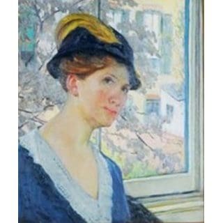 Portrait of woman in hat by window.