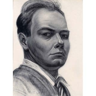 Drawing of a serious-looking man, monochrome.