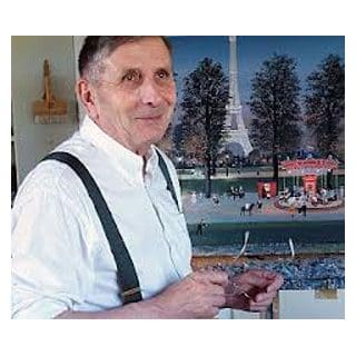 Man standing in front of Eiffel Tower painting.