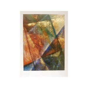 Abstract painting with warm tones and intersecting geometric shapes.