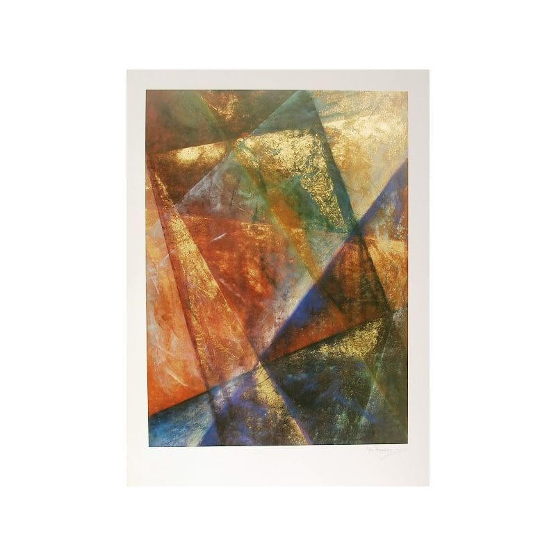 Abstract painting with warm tones and intersecting geometric shapes.