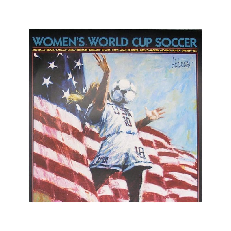 Vintage poster of a female soccer player with an American flag background.