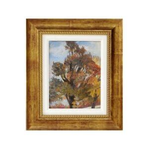 Framed painting of a tree with autumn foliage.