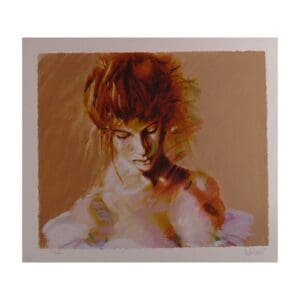 Portrait of a woman with wild hair and a contemplative expression.