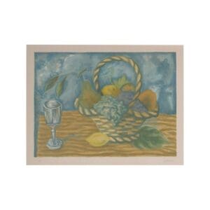 Still life painting with fruits, glass, and vessels on a table.