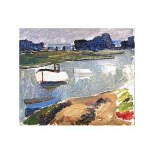 A small boat moored on a calm river near grassy banks and distant trees.