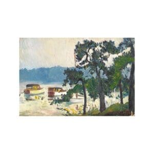A serene lakeside scene with houses and trees under a cloudy sky.