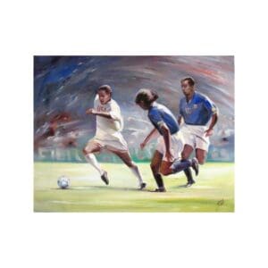 Three soccer players in action chasing the ball on the field.