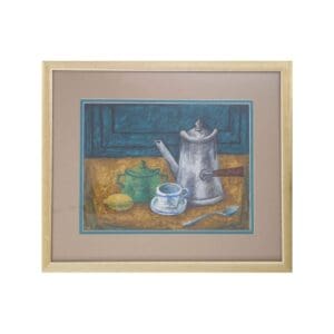 Still life painting featuring a coffee pot, cup, lemon, and fruit on a wooden table.