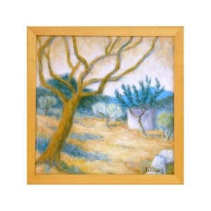 Painting of a tree in a sandy, rocky landscape with blue sky.