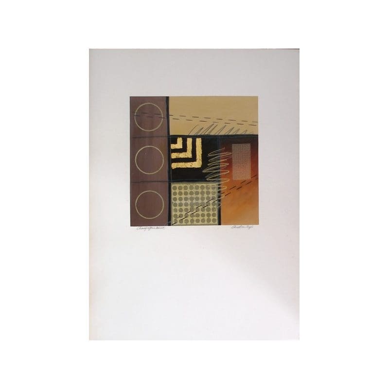 Abstract artwork featuring geometric patterns and earthy tones on a white background.