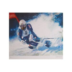 Snowboarder carving through snow under bright lights.