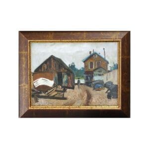 Framed painting of a rustic village scene with houses and boats.