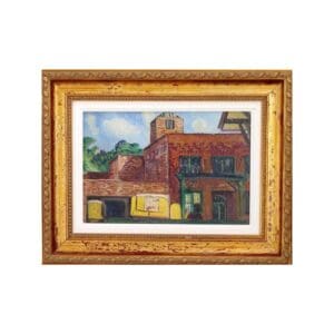 Framed painting of a rustic building with vibrant colors.