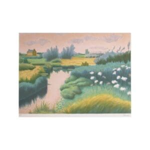 A serene countryside landscape with a river and cottages at sunset.
