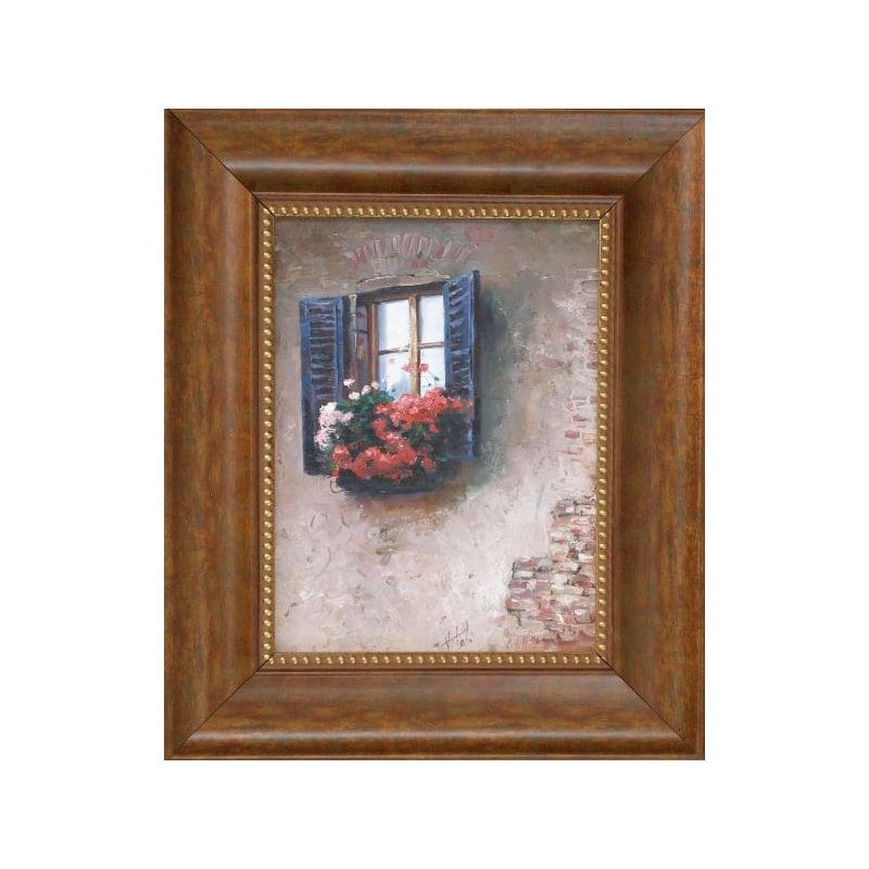 Framed painting of a window with red flowers on the sill.