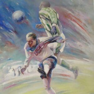 Dynamic painting of soccer players mid-action with a ball in motion.