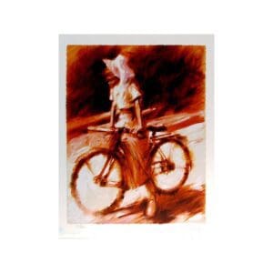 Artistic depiction of a person with a bicycle in warm tones.