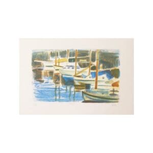 Painting of boats docked at a calm marina with reflections in the water.