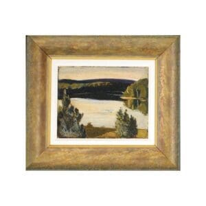 Framed landscape painting of a river with trees and hills.