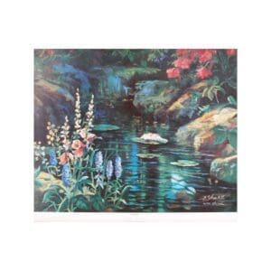 A serene garden pond with blooming flowers and lily pads.