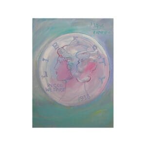 Artistic painting of a pink and purple moon against a blue-green background.