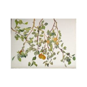 Artistic painting of a branch with green and orange leaves.