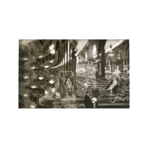 Vintage photo of an old, busy factory interior with machinery and workers.