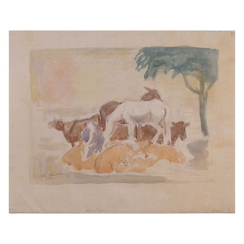 Cows resting under a tree painting.