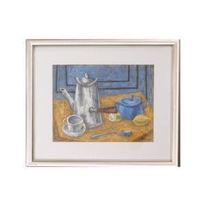 Still life painting of kitchen items on a wooden table.