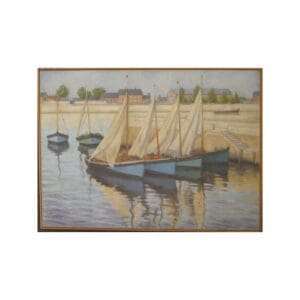 Sailboats docked by a calm waterfront with reflections in the water.